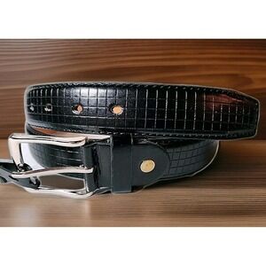 New Men's 2XL 46/48 Black Grid Pattern Modern Leather Belt  Silver Buckle NWT